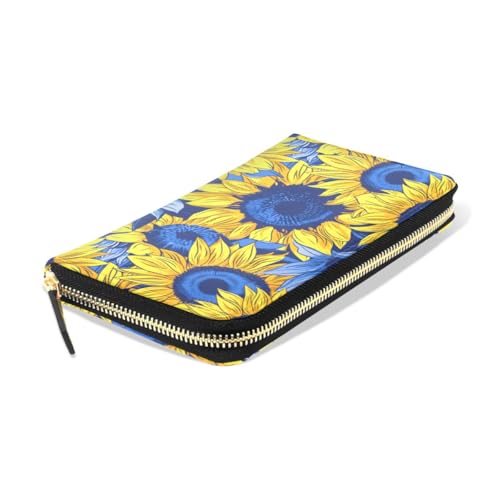 Long Wallets Leather Bifold Wallet for Women Sunflowers Blue with Zipper Credit Card Holder Large Capacity3