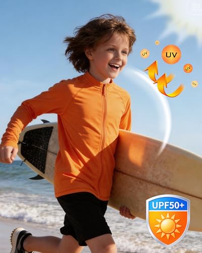 Image of Roadbox UPF 50+ Boys Zip Up Rash Guard Kids Long Sleeve Swim Shirt