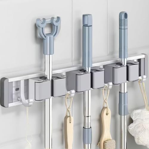Image of STAR WORK Heavy-Duty Space Aluminum Wall Mop & Broom Holder, Waterproof Organizer with Dual Non-Slip Grips and Utility Hooks, No-Drill Adhesive Mount for Kitchen, Bathroom. (3 MOP HOLDER 4 HOOKS)