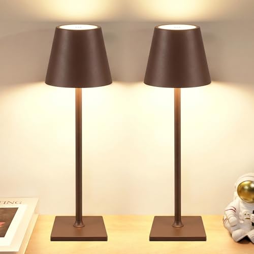 VISDANFO 2 Pezzi Lampada da Tavolo LED Senza Fili, Ricaricabile 5000mAh, Dimmerabile, 2700-6000K, Lampada da Comodino Batteria per Camera da letto, Sala da pranzo, Esterno, Impermeabile (Marrone)