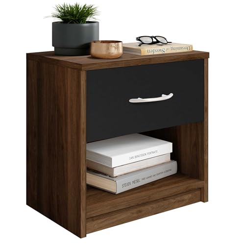 Stella Trading PEPE Mesilla de noche en acabado nogal (Columbia Walnut) y negro, sencilla, con 1 cajón, adecuada para cualquier cama y dormitorio, 39 x 41 x 28 cm (ancho x alto x fondo)