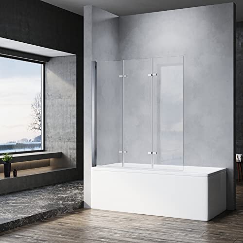 Sonni Mampars Bañera Plegable 3 Hojas 130 x 130 cm, Cristal Templado de 6mm con Recubrimiento Nano de Dos Lados, Mamparas de bañera Perfil Aluminio