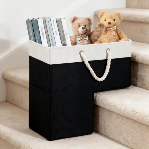 Stair Basket, 16 x 10 x 8 Inches Stair Basket for Stairs with Handle, Clothes Storage Bins, Foldable Staircase Storages Organizer, Versatile Sturdy Bag for Toys, Clothes, Books, Tools (Black)