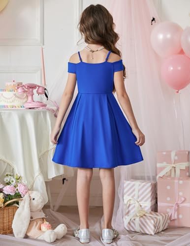 Arshiner Girls Summer Dress Off Shoulder Fold Pleated Formal Elegant A-Line Party Dresses with Pocket Royal Blue for 11-12Years Girls - 5