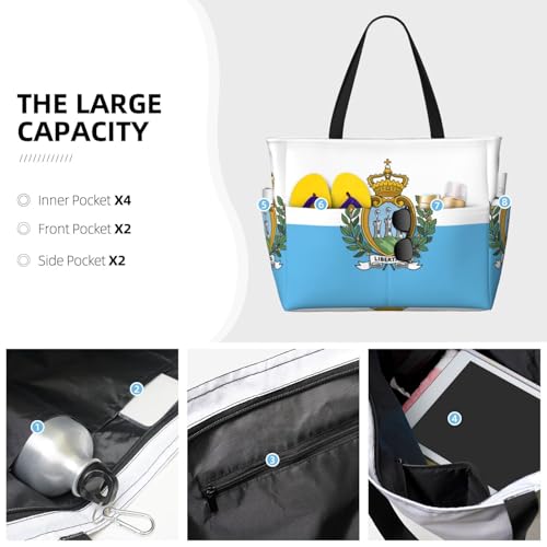 Flag Of San Marino Extra Large Tote Bag For Women,Foldable Beach Bag With Pocket Weekender Travel Overnight Bag3