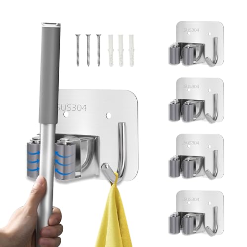 Mop and Broom Holder Wall Mount | Heavy Duty Broom Hanger Wall Mount with 304 Stainless Steel, Broom...
