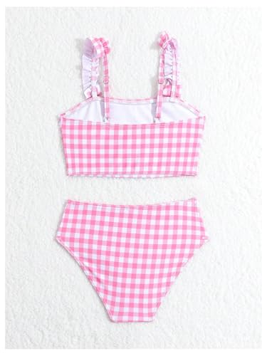 OYOANGLE Toddler Girl's 2 Piece Cute Plaid Swimsuit Ruffle Trim High Waisted Bikini Bathing Suits Beachwear2