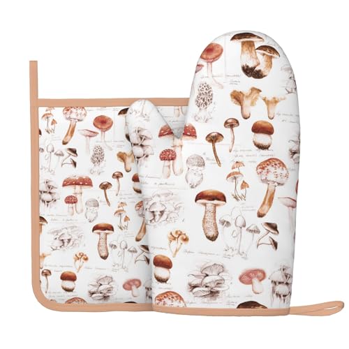 Mushroom Silicone Oven Mitts Pan Mats Set of 2, Heat Resistant Gloves Potholder with Non-Slip Grips Hanging Loops Pot Holder, Spring Summer for Chef Cooking, Baking, Grilling, BBQ