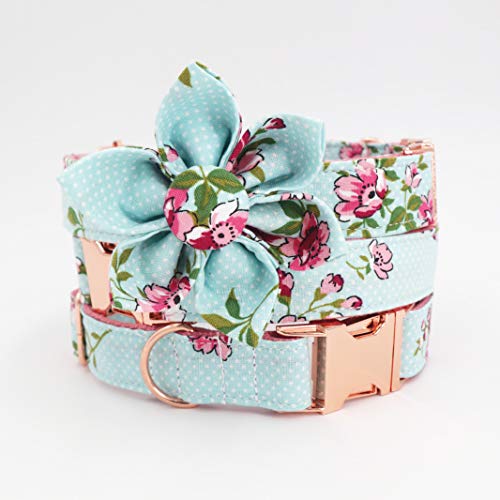 Cute Dog Collar, Girl Dog Collar With Blue Floral Design Adjustable With Rose Gold Slide Release Buckle, New Puppy Gifts #TOP7