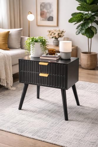 Image of Brown Art SHOPPEE Wooden Bedside Table for Bedroom | Line Design Bed Side Nightstand Lamp Table with 2 Drawers for Home | Side Table for Living Room | Premium Engineered Wood & Wood Legs (Black)