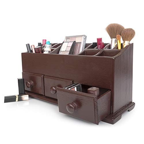 Vanity Drawer Beauty Organizer 3 Drawers - Wooden Cosmetic Storage Box for Neat & Organize Storing of Makeup Tools, Small Accessories at Home & Office Vanities & Bathroom Counter-top (Dark Brown)