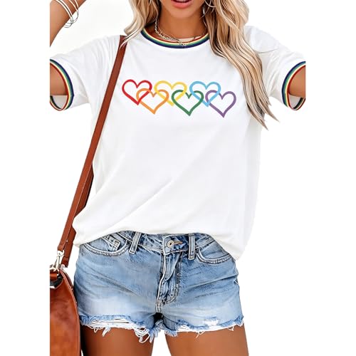 FASHGL Pride Shirt Women Rainbow Shirts LGBTQ Equality Shirts Heart Graphic Tees Casual Summer Short Sleeve Tops