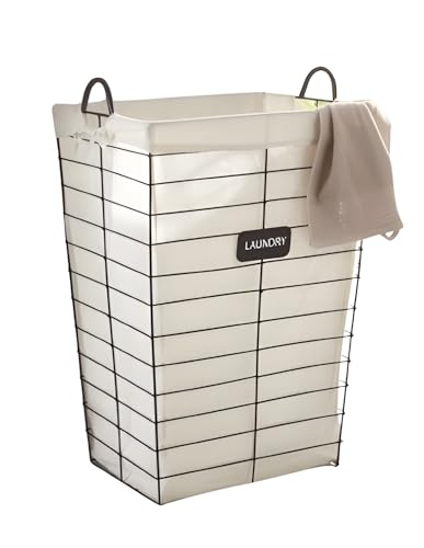 Dekoleidenschaft Panier à linge Rangement Buanderie « Laundry » en métal noir mat, avec insert en toile, 61 cm de haut