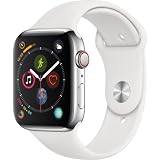 Apple Watch Series 4 (GPS + Cellular, 44MM) - Stainless Steel Case with White Sport Band (Renewed)