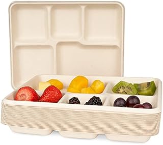 HAAGO 100 Sugarcane Bagasse Plates - 5 Compartment Trays, 21x26cm - Biodegradable & Compostable