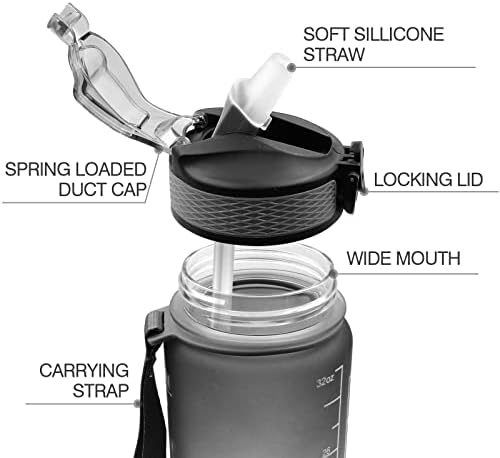WOODFIB Sport Water Bottle 1L, Motivational Water Bottle with Straw & Time Maker, BPA Free, Leakproof & Secure Locking Lid, Tritan Plastic Drink Bottle for School/Cycling/Running/Gym (Black)