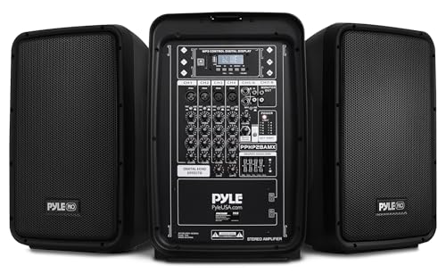 Pyle PA Speaker DJ Mixer Bundle - 300 W Portable Wireless Bluetooth Sound System w/ USB SD XLR 1/4" RCA Inputs - Dual Speaker, Mixer, Microphone, Stand, Cable - Home/Outdoor Party - PPHP28AMX,Black
