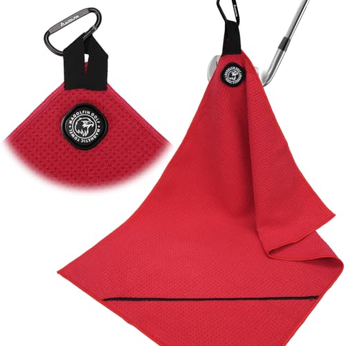 [Upgraded Cleaning Pocket] Magnetic Golf Towel 23.6"x15.7" Large Size with Clip, Microfiber Waffle Design - Industrial Strength Magnet for Strong Hold to Golf Bags, Carts & Clubs - Red