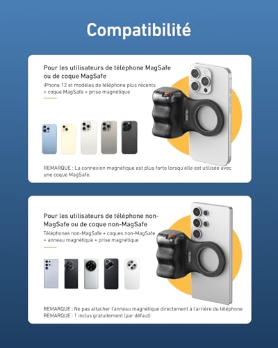 TELESIN Fun Shot Smartphone Handle Grip, Magnetic Smartphone Grip mit Abnehmbarer Bluetooth-Fernbedienung - 1/4 Gewinde - Unterstützt USB-C-Aufladung, Handgriff für iPhone Android (Schwarz)