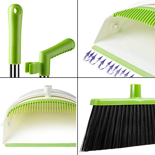 Image of Rubber Extendable Broom&Dustpan Set,Durable&Foldable Lobby Broom&Upright Dust Pan Combo With Long Handle,Ideal For Kitchen,Home&Indoor Use By Kelamayi (Yellow&Green),Hard Floor