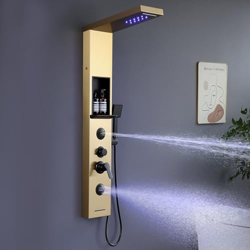 KINKIBOS Golden Pannello doccia con rubinetto e ripiano, 6 funzioni, colonna doccia a LED, pioggia e cascata, ugello massaggiante a 2 modalità, doccetta e beccuccio a cascata, acciaio inox
