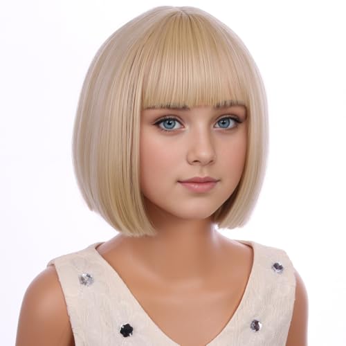 Image of PATTNIUM Kids Blonde Wig with Bangs Child Short Blonde Bob Wig for Girls Cosplay Party Synthetic Rose Net Daily Wear Hair Wigs