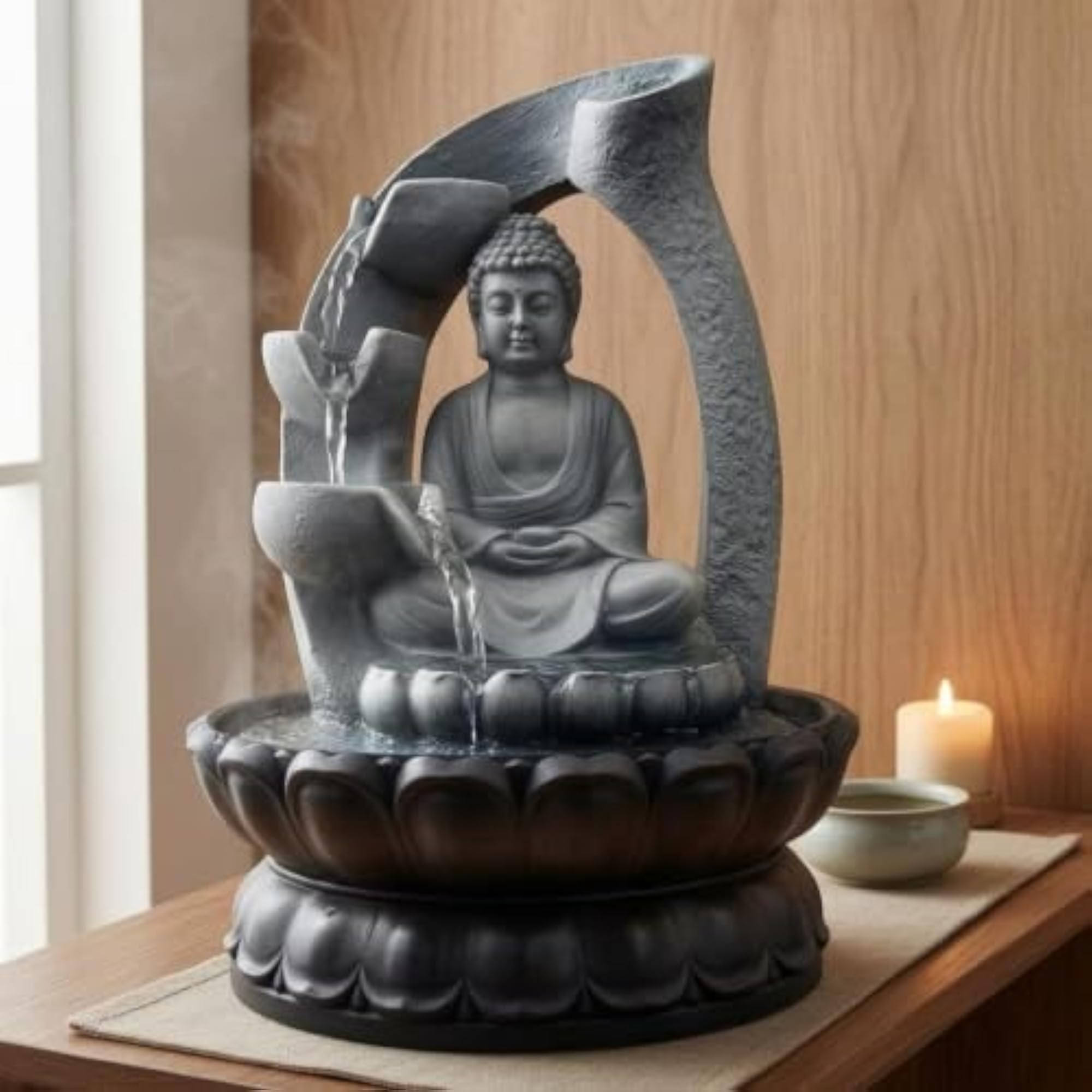 Stone-Look Buddha Tabletop Fountain, Built-in Light Decor