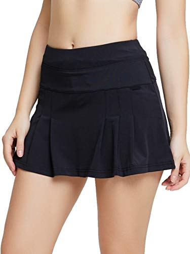 birbyrrly Women s Mini Athletic Skorts Skirts Pleated Tennis Skirt with Shorts Pockets for Golf Running Workout Black L