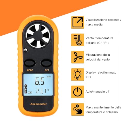 Bestgle Tragbarer Anemometer für den Außenbereich, digital, Windgeschwindigkeit, mit max. Anemometer mit Thermometer mit Hintergrundbeleuchtung für Windsurfen, Segeln, Angeln, Aufnahmen