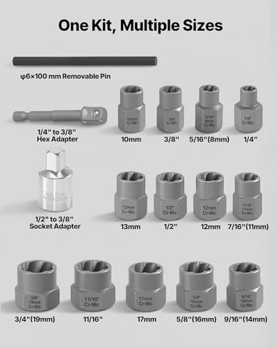 Image of VEVOR Bolt Extractor Kit, 16 Pieces Impact Bolt & Nut Remover Set with Adapters and Pin Punch, Solid Storage Case, Cr-Mo Steel for Removing Damaged, Rusted, Stripped, Rounded Bolts, Nuts and Screws