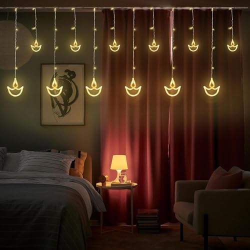 Image of HashWOW 3 Meter 12 Diyas Curtain Led Festive Lights, Warm White Diya /Diwali Light Curtain Indoor Window String Lights, Decoration for Wedding, New Year & Home, 6 Large &6 Small Diyas, Pack of 1