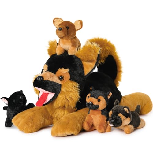 MorisMos 50cm lang riesen Schäferhund Kuscheltier mit 4 welpen im Bauch, groß Deutscher schäferhund Plüschtier Stofftier XXL, weich Plüschhund dogteddy Geschenk Kinder Baby