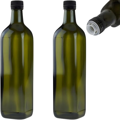 mikken 2 botellas de aceite de 750 ml con vertedor verde/marrón, botellas de cristal con dosificador y etiquetas