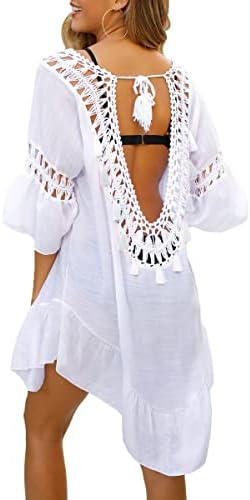 Swimsuit Cover Ups Women Lace Crochet V-Neck Summer Beach Cover Bikini Wear Coverups Dress for Swimwear Bathing Suit