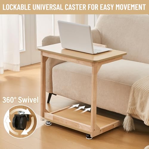 Image of Uniclinens Rolling Side Table Desk Sofa - C Shape Couch End Table with Wheels, Mobile Wooden Slim Sofa Tray, Movable Small Couch Desk for Living Room Bedroom, Natural