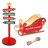 Kazunark Wichtel Zubehör Set, Holzschlitten Wichtel Express mit Schild, inklusive Kordel und Schablone, Deko für Wichteltür, Advent, Weihnachtsdekoration, Geschenk