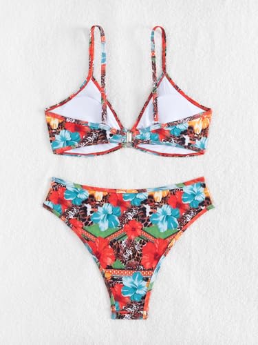 Image of Fanuerg Women's Triangle Bikini Sets O Ring Linked Two Piece Swimsuits Floral Printed Cheeky Bathing Suit