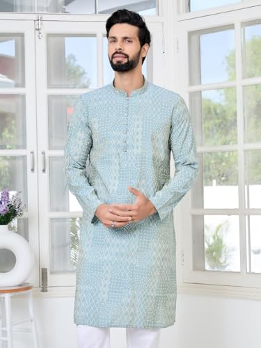 Image of See Designs Men's Full Sleeve Mandarin Collar Floral Embroidered Mandarin Collar Thread Work Straight Long Kurta - Festive Collection