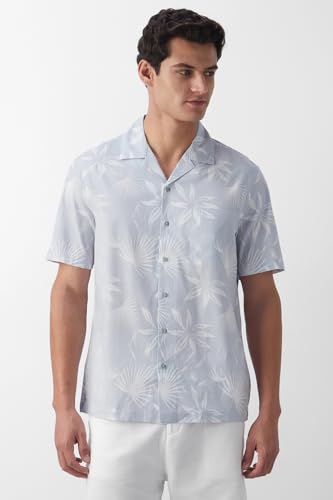 Image of Peter England Men's Cotton Blend Classic Fit Floral Print Casual Shirt | Cuban Collar, Half Sleeves | Casual Wear