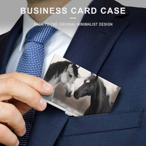 Business Card Holder Metal Slim Business Card Case Black And White Horses Professional Cards Organizer Pocket Name Cards Case Credit Holder Wallet for Men Women Buckle Style Shut3