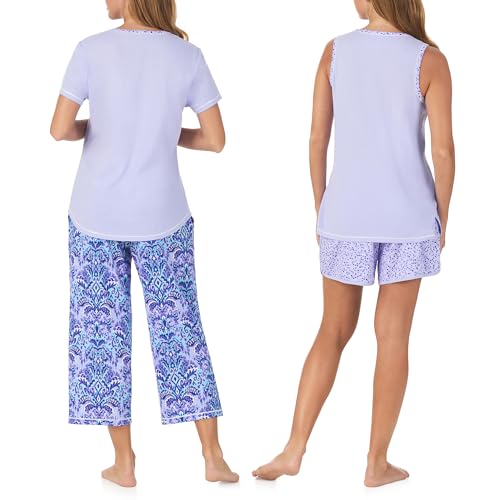 Image of Carole Hochman Women's 4-Piece 100% Cotton Pajama Set - V-Neck T-Shirt, Tank, Capri Pants & Shorts with Drawstring & Pockets