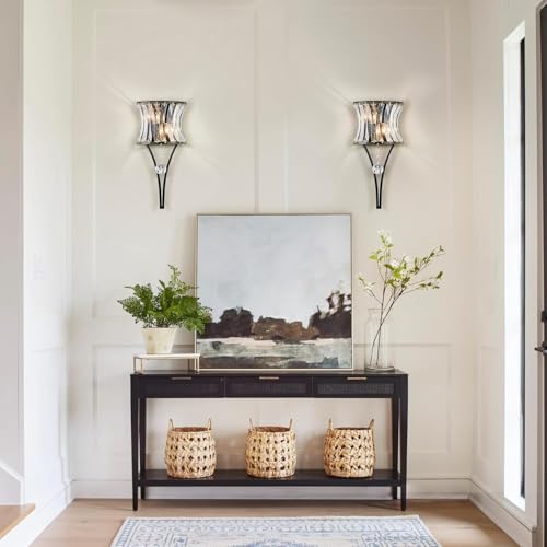 Image of Crystal Wall Sconces Set of Two, 2-Light Black Sconces Wall Decor Set of 2, Modern Bathroom Wall Light Bedside Wall Lamps Luxury Glass Sconces Wall Lighting for Living Room Bedroom Hallway