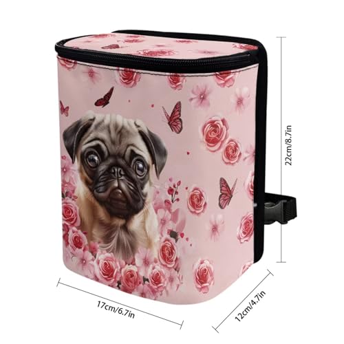 Image of Talayituse Pug Dog Flower Print Car Trash Can, Portable Auto Garbage Bin Multifunctional Vehicle Interior Accessories with Adjustable Straps Universal Fit Truck SUV Sedan