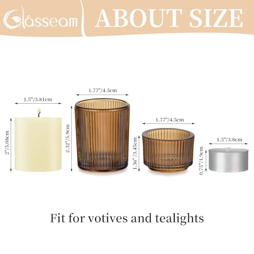 Glasseam Glass Tealight Votive Candle Holders: Glasseam Amber Tea Light Candle Holders Set Of 8 Ribbed Small Candle Holders For Table Centerpiece Vintage Candle Holder For Halloween Thanksgiving Party Decor thumb #4