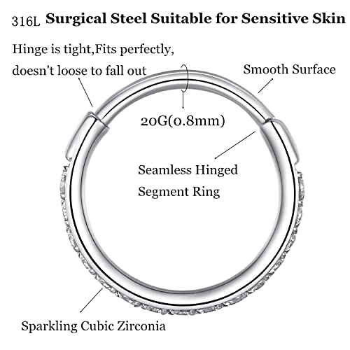 CZ Hinged Segment Nose Rings Hoop 316L Surgical Steel Cubic Zirconia Conch Daith Helix Tragus Body Piercing Jewelry Lip Rings Cartilage Earrings 20G 18G 16G Stainless Steel Septum Clicker Ring2