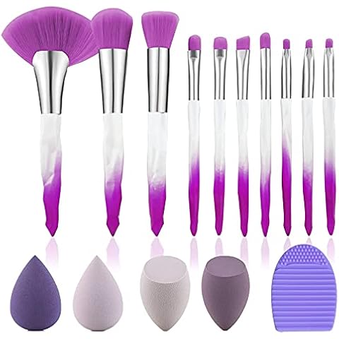 Kingtree Makeup Brushes 10 Pcs Makeup Brush Set with 4 Blender Sponge and 1 Brush Cleaner, Stylish Gradient Color Premium Synthetic Bristles Foundation Blush Concealer Eye Shadow Makeup Brush - Purple Cover