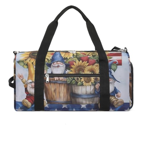 U.S. Flag Sunflower Gnome Funny Gym Bag Travel Tote Bag Duffel Bag with Shoe Compartment for Weekender Sports Vacation