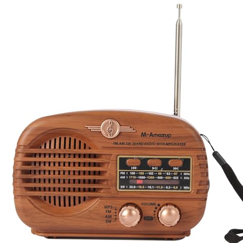 M-Amazup Radios Portable AM FM SW, Retro Radio with Speaker, Transistor Radio Bluetooth 5.3, Rechargeable Battery Powered, TWS, Support TF Card/MP3/USB Playing, Gifts for Senior, Light Wood