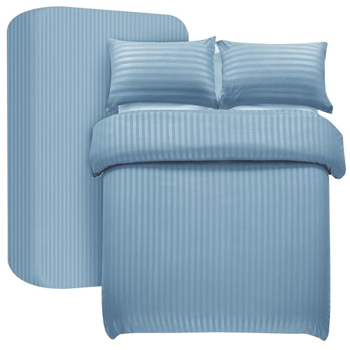My home store Double Duvet Cover Set 4 Pcs Satin Stripe Duvet Covers Soft Brushed Microfiber Bedding Set with Fitted Sheet 30 CM Deep & 2 Pillowcases (Light Blue)
