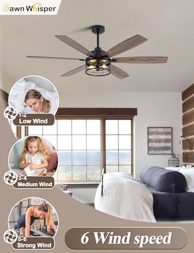 Image of 60 Inch Farmhouse Ceiling Fans with Lights Black Caged Rustic Industrial Chandelier Fans for Living Room Bedroom Quiet Reversible DC Motor 6 Speeds 6 Modern-Farmhouse Styles Dual-Finish Blade